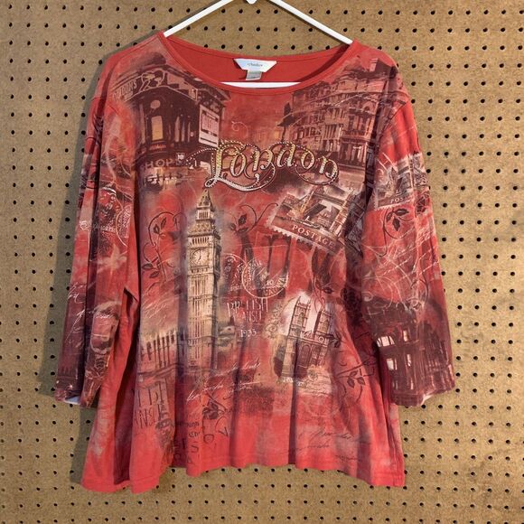 Y2K London Top CJ Banks 1x Red Retro 90s Mom Embellished Bold Artsy - Picture 1 of 5
